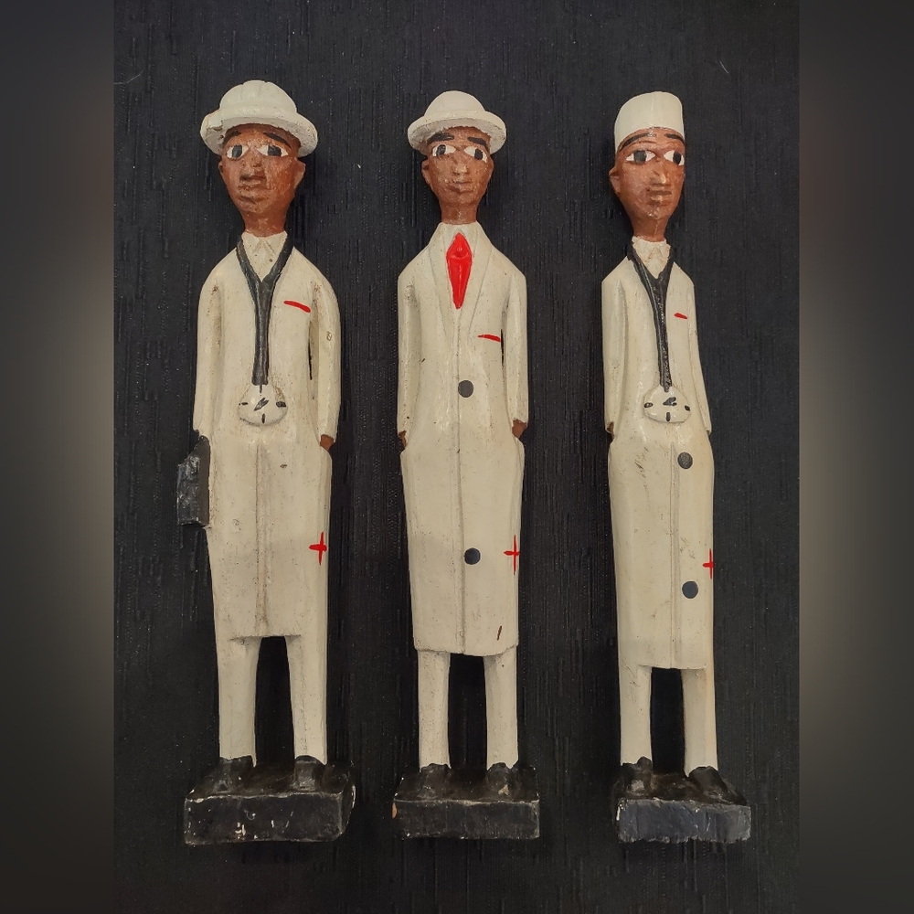 Set of 3 African colonial wooden doctor figures Abt 32cm x 7cm x 6cm each